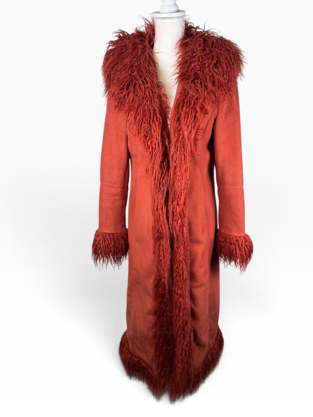 Urban Outfitters M Orange rust Penny Lane Faux Fur Trim Maxi Coat 70s Boho